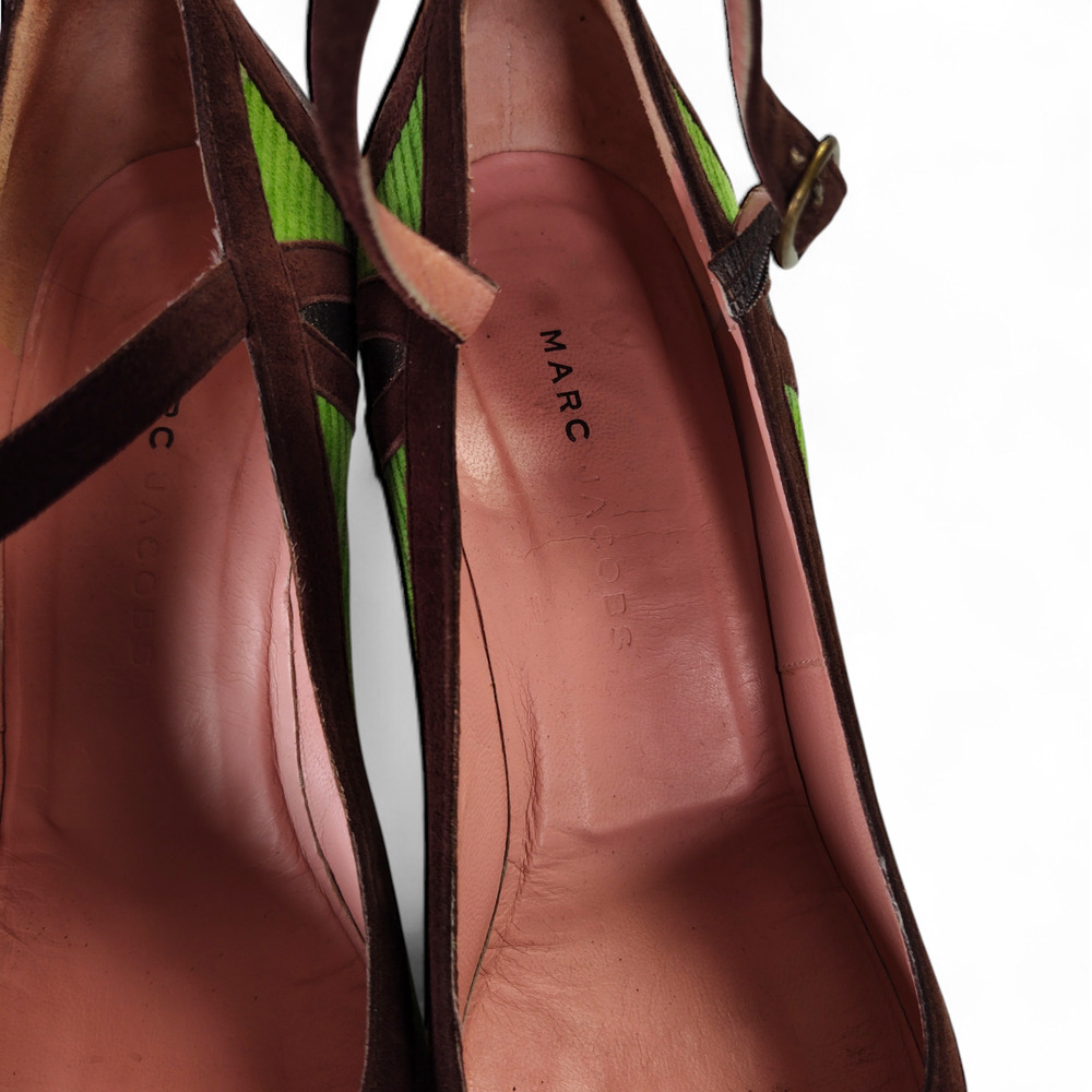 Marc Jacobs Mary Jane Heels 39.5 Green Corduroy Brown Suede Metallic Toe Italy - Picture 12 of 12